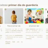 Niños preparándose para su primer día de guardería: con mochila, jugando y recibiendo apoyo emocional.