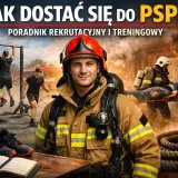 Młody strażak w pełnym rynsztunku, gotowy do akcji. W tle ćwiczący kandydaci i akcja ratunkowa.