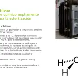 Persona con traje protector carga cajas en cámara de esterilización con óxido de etileno. Estructura química del óxido de etileno.