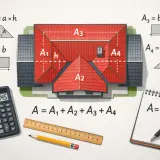 Ilustracja pokazuje, jak obliczyć powierzchnię dachu, dzieląc go na prostokąty i trójkąty. Obok domu znajdują się wzory matematyczne i przybory do mierzenia.