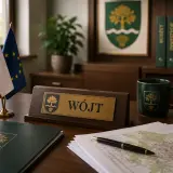 Biurko wójta z flagami Polski i UE, tabliczką "Wójt" i mapą. Zastanawiasz się, ile zarabia wójt?