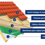 Coupe d'une sarking toiture : platelage, pare-vapeur, isolant rigide, pare-pluie, contre-lattage et couverture.
