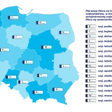 Mapa Polski z literami oznaczającymi województwa i powiaty. Pierwsza litera to województwo, np. Z to zachodniopomorskie.