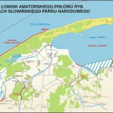 Mapa Słowińskiego Parku Narodowego z zaznaczonymi łowiskami: Jezioro Gardno, Jezioro Łebsko, morze.
