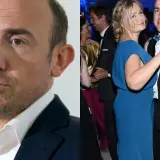Borys Budka i kobieta w niebieskiej sukience tańczą na imprezie.