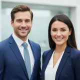 Uśmiechnięci profesjonaliści w granatowych garniturach, idealnie dopasowani do korporacyjnego dress code'u.