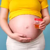 Ciężarna kobieta trzyma pojemnik z próbką moczu, badanie na obecność ketonów w moczu w ciąży.