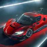 Roter Ferrari 488 GT3 Rennwagen mit großem Heckflügel, beleuchtet von Neonröhren auf rotem Untergrund.