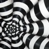 A black and white optical illusions art piece featuring a swirling vortex of curved stripes that create a sense of depth and movement.