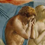 Masaccio wygnanie z raju: Adam i Ewa opłakują swój los, ich twarze wykrzywione bólem po utracie niewinności.