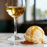 Une boule de glace à la vanille nappée de caramel, parfaite avec un verre de vin blanc. Une idée gourmande pour accompagner une boule de glace.