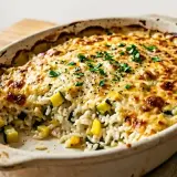 Un gratin de riz aux courgettes et oignons, doré au four, garni de persil frais. Un plat réconfortant et savoureux.