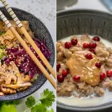 Två skålar med mat: en poke bowl med tofu, edamame och ägg, samt gröt med lingon och jordnötssmör. Båda är exempel på fiberrik kost.