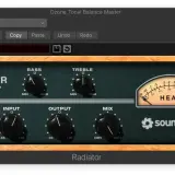 Ein digitales Audio-Plugin mit Reglern für Bass, Treble, Input, Output und Mix. Ein Messgerät zeigt "HEAT" an. Der Name des Plugins ist "Radiator".