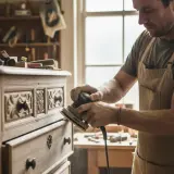 Artisan ponçant un meuble en bois sculpté, la poussière volant dans l'air.
