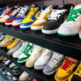 Regale voller bunter Sneaker der Nike Firma. Von knalligem Gelb bis zu klassischem Schwarz, eine wahre Fundgrube für Schuhliebhaber.