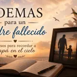 Poemas para un padre fallecido. Un libro abierto, un marco con foto de padre e hijo, y una vela encendida evocan recuerdos y amor.