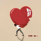 Una donna lotta per sollevare un enorme cuore spezzato, un simbolo di come superare una delusione, lasciando cadere pezzi lungo il cammino.