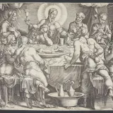 Das letzte Abendmahl: Jesus mit Jüngern am Tisch. Judas, erkennbar an der Geldtasche, ist im Schatten.