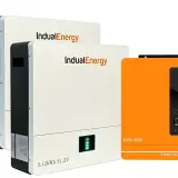 Dwa białe urządzenia z logo IndualEnergy i pomarańczowy inwerter hybrydowy on off grid EVO-4200.