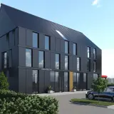 Nowoczesny projekt budynku mieszkalno usługowego z ciemną elewacją i dużymi oknami. Przed budynkiem parking z kilkoma samochodami.