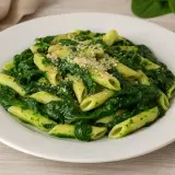 Pâtes aux épinards, une recette italienne simple et savoureuse. Les penne sont enrobées d'une sauce verte aux épinards frais, saupoudrées de parmesan.