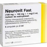 Opakowanie leku Neurovit Fast, zawierające 5 ampułek po 2 ml, z dawkami 100 mg + 100 mg + 1 mg.