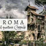 Edifici fiabeschi e fontana nel quartiere Coppedè a Roma, sotto un cielo nuvoloso.