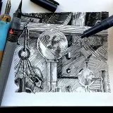 A hand uses a Tombow pen to add detail to a still life drawing, showcasing various pen and ink techniques like cross-hatching and parallel lines.