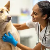 Weterynarz w niebieskich rękawiczkach bada psa. Szybka diagnoza i troska o zdrowie czworonoga.