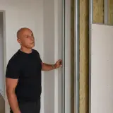 Uomo valuta l'avanzamento dei lavori di insonorizzazione casa, con pannelli isolanti e struttura metallica a vista.