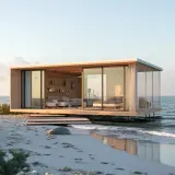 Nowoczesny dom z kontenerów na plaży, z widokiem na morze. Wnętrze jasne, z sofą i łóżkiem.