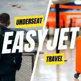 Homme avec sac à dos regardant un avion, valise orange et texte "EASYJET TRAVEL".