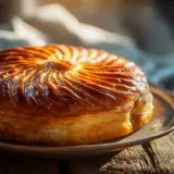 Un délicieux pithiviers gateau doré, aux feuilletages brillants, prêt à être dégusté sur une table en bois rustique.