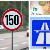 Znak ograniczenia prędkości 150 km/h na autostradzie w Czechach, obok symbol autostrady i banknoty euro.