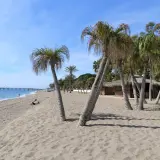 Plaża w Marbelli z palmami, piaskiem i budynkiem z dachem krytym strzechą. W oddali widać molo i błękitne morze.