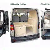 Trois aménagements de fourgons : lit escamotable, lit sur plateforme fixe avec chien, et lit modulable. Des marques de fourgon aménagé pour tous les styles de voyage.