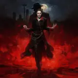 Wampirzyca z kłami na tle miasta i księżyca. Polska flaga. Vampire the Masquerade Bloodlines spolszczenie.