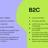 Comparaison B2B et B2C : le B2B valorise les relations essentielles, les décisions multiples et le ROI, tandis que le B2C se concentre sur un acheteur unique et l'émotion.