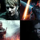 Kolaż postaci z gier rpg: James Sunderland, Commander Shepard, Geralt z Rivii i Ellie.