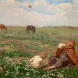 Józef Chełmoński dzieła: Dziecko i kobieta odpoczywają na kwiecistej łące, w tle pasące się krowy.