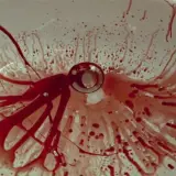 Lavandino bianco macchiato di sangue, con gocce e striature che si dirigono verso lo scarico. Una scena inquietante che potrebbe far pensare a una spiegazione per un evento traumatico, quasi un'immagine da "dogtooth".