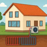 Dom z pompą ciepła. System geotermalny z rurami w ziemi, podłączony do jednostki zewnętrznej. Scop na ekologiczne ogrzewanie.