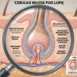 Szczegółowy przekrój przez cebulkę włosa pod lupą, ukazujący jej budowę i cykl życia. Widoczna macierz włosa, brodawka z naczyniami i nerwami, a także mieszki i pochewki.