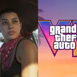 Kobieta w samochodzie i logo Grand Theft Auto VI. Zastanawiasz się, ile waży GTA VI?