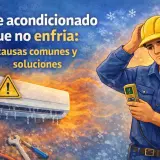 Técnico preocupado con manómetro y aire acondicionado que no enfría. Aprende como saber si le falta gas al aire acondicionado y sus soluciones.