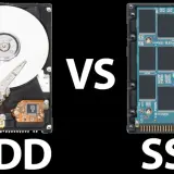Vergleich von HDD und SSD, zwei Arten von netzwerkspeicher systemen. Die HDD zeigt eine rotierende Scheibe und einen Lese-/Schreibkopf, die SSD besteht aus vielen Speicherchips.