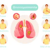 Illustrazione dei sintomi della broncopolmonite: tosse, debolezza, febbre, dolore toracico, cianosi e mal di testa.