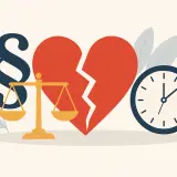 Symbol paragrafu, waga sprawiedliwości, złamane serce i zegar. Zastanawiasz się, ile trwa sprawa rozwodowa z orzekaniem o winie?
