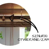 Szczegół bambusowych żaluzji, pokazujący sznurki do otwierania/zamykania. Strzałka wskazuje mechanizm.